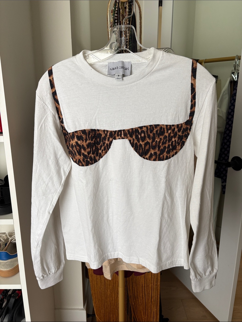 White Long Sleeve Tee with Leopard Print Accent